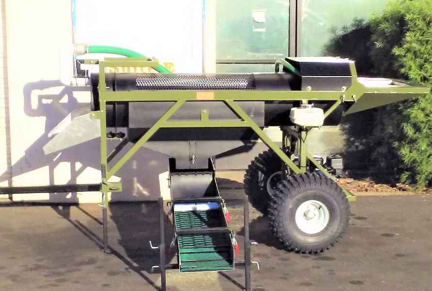 Standard Mini-Trommel shown with optional ATV tire/axle kit, one of our most popular equipment options.